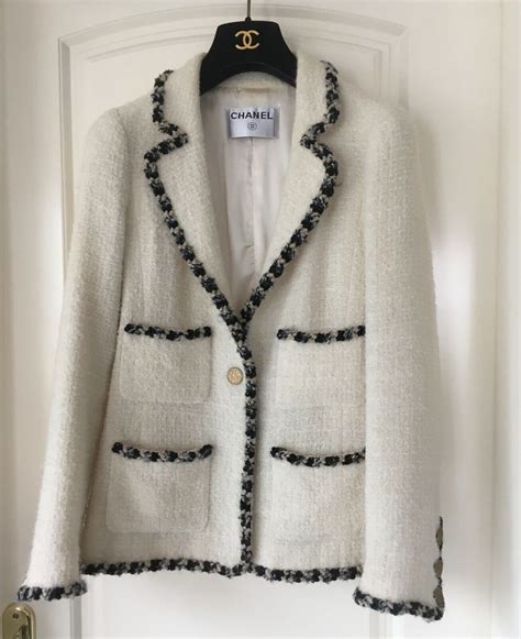 chanel white trench coat|Chanel tweed blazer.